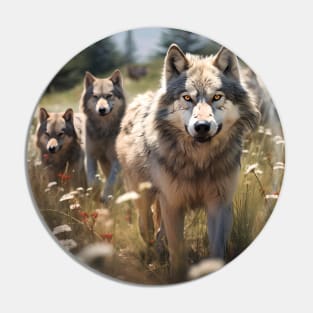 Wildlife: a pack of wolves wandering through a meadow Pin