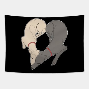 Adorable Greyhound dog design shaped in a heart with the word love inside, with a grey and a fawn greyhound with red collar details Tapestry