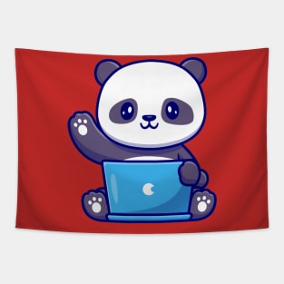 Cute Panda Working On Laptop Cartoon Tapestry