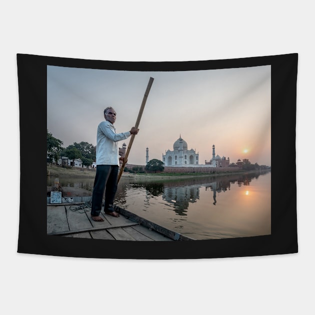 Man Punting Boat on Yamuna River with Taj Mahal Tapestry by TonyNorth