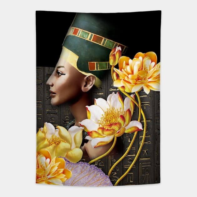 Queen Nefertiti With Golden Lotus Tapestry by ERArts