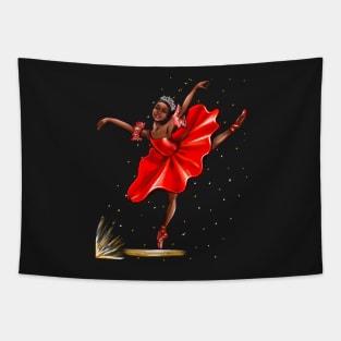 Ballet, African American ballerina in red pointe shoes, dress and crown - ballerina doing pirouette in red tutu and red shoes  - brown skin ballerina Tapestry