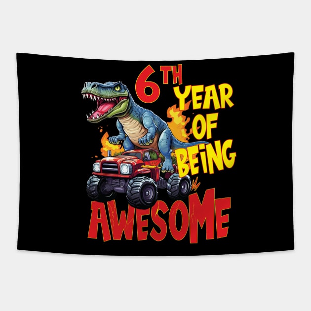 6th Year of Being Awesome 6yr Birthday Truck Dinosaur Boy Girl 6 Years Old Tapestry by Envision Styles