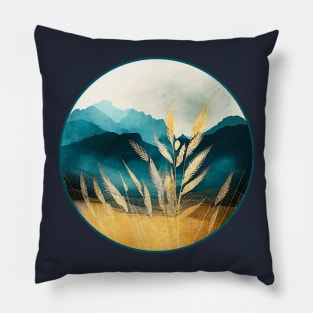 Rustic Golden Wheat Fields with Teal Blue Textured Mountains Pillow