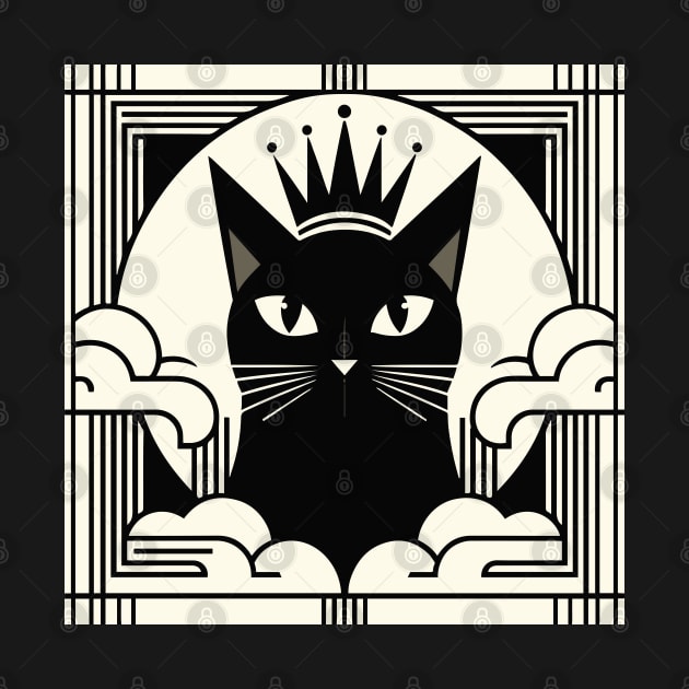 Royal Feline Majesty: Art Deco Black Cat with Crown Portrait by KittyKanvas Creations