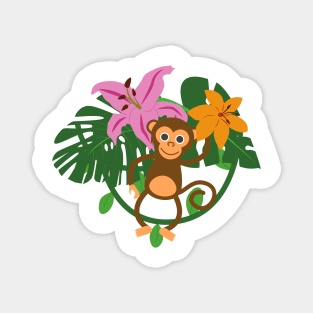 Fun & Cute Monkey Jungle Design With Tropical Flowers & Leaves Magnet