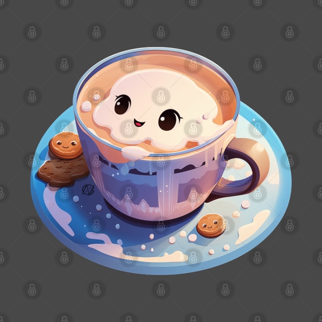 Cute Kawaii cup of cappucino with biscuits by Violet77 Studio