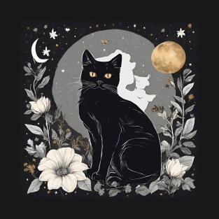 Mystical Black Cat and Moon Floral T-Shirt