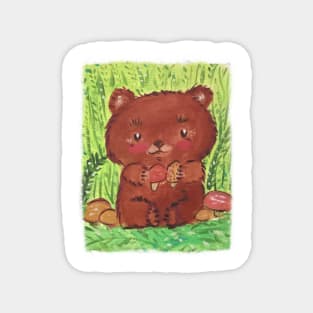 Little bear in the forest with mushrooms Magnet