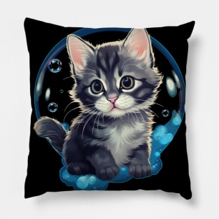 Blue Cat in Bubble: Adorable Kitten Sticker-Style Tee Pillow