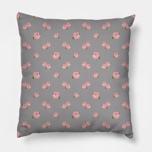 Pink Rose Illustrative Pattern on Gray Pillow