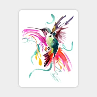 Flying Hummingbird and Abstract Flowers, Turquoise, pink watercolor bird artwork Magnet