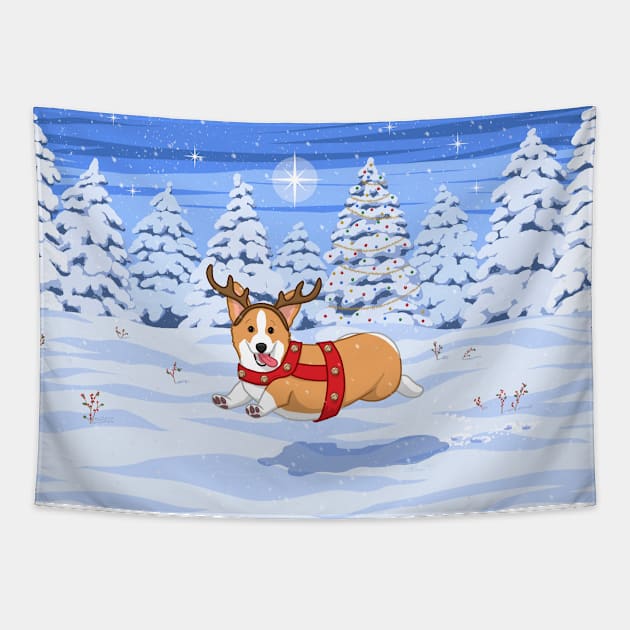 Cute Tan Pembroke Corgi in Reindeer Christmas Costume Tapestry by csforest