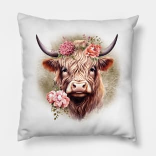 Highland Cow with Pink Flowers Pillow