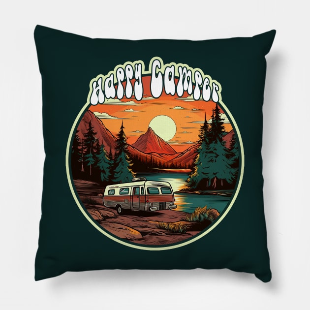 Happy Camper Pillow by nonbeenarydesigns