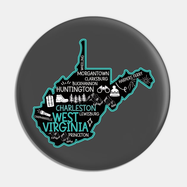 Cute map of West Virginia Charleston Lewisburg Huntington Morgantown Buckhannon Pin by BoogieCreates