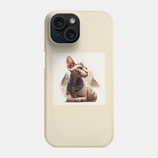 Illustration of a sphinx cat looking away with a crown on his head against the pyramids Phone Case