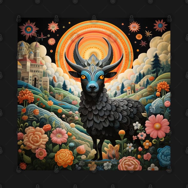 Surrealistic Folk Art Dark Floral Motif Goat Design by The Little Store Of Magic