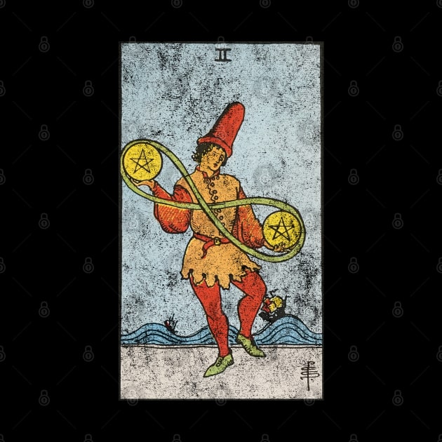 Two of pentacles tarot card (distressed) by Nate's World of Tees