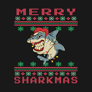 Ugly Sweater Merry Sharkmas. Funny Christmas Santa Hat Wearing Shark Boys Gift T-Shirt