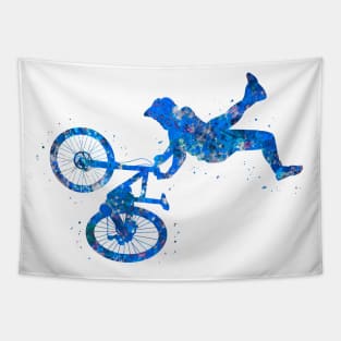 Downhill mountain bike watercolor blue Tapestry