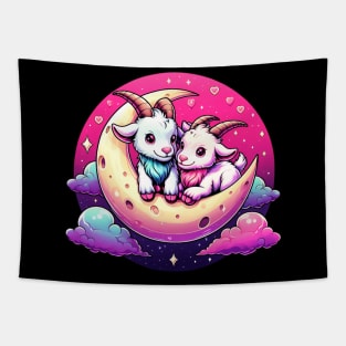 Valentine Goat Couple on Moon Tapestry