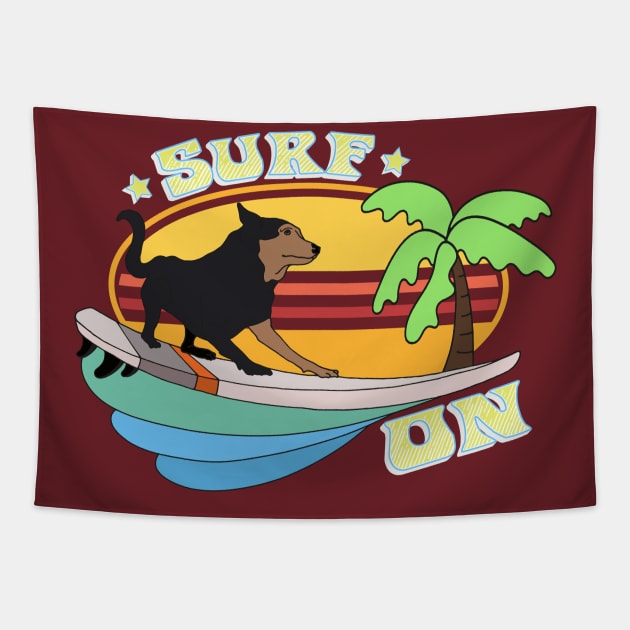 Retro Sunset Surfing Dog Tapestry by MisconceivedFantasy