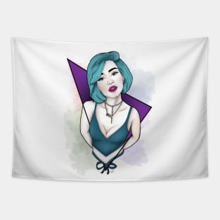 Bold Triangle Elegance: Blue-Haired Beauty Tapestry