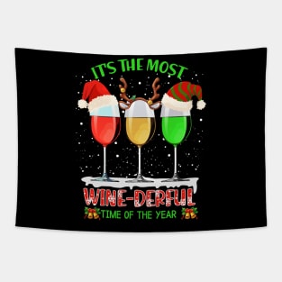 Wine Glass Wearing Santa Hat Reindeer Horn Christmas Gift For Wine Lover Tapestry