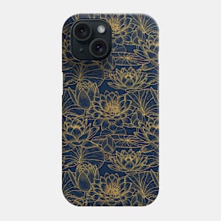 Gold texture graphic floral water lilies pattern on navy blue background Phone Case