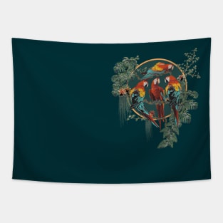 Polygonal Illustration of  scarlet Macaw birds with Amazon plants Tapestry