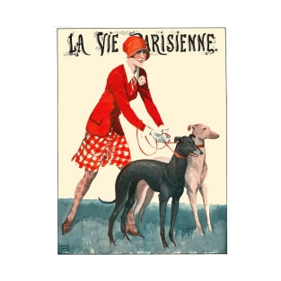 Vintage La Vie Parisienne Illustration - Pretty Girl with Greyhounds T-Shirt