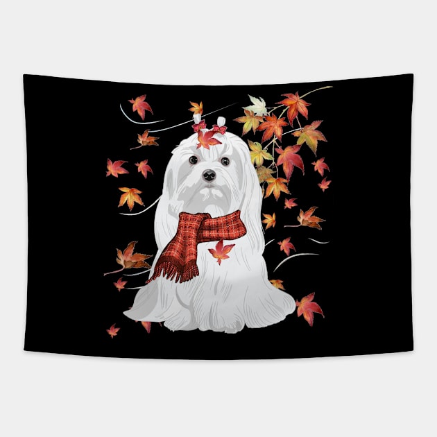 Maple Dog Leaf Fall Hello Autumn Funny Maltese Lover Tapestry by MarrinerAlex