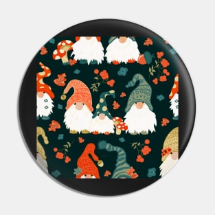 Autumn Gnomes with Long White Beards and Knitted Hats on Forest Green Background Pin