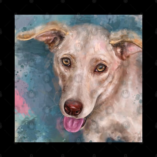 Painting of a Happy Blond Labrador With the Tongue Out on Light Blue Background by ibadishi