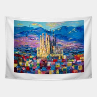 Barcelona In Evening Dress. La Sagrada Familia Tapestry