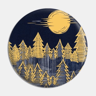 Misty, Moonlit Trees Linocut in Blue and Yellow Pin