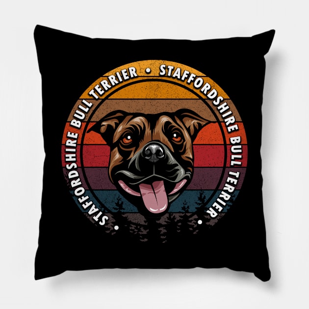 Staffordshire Bull Terrier distressed sunset retro dog face design Pillow by Samuelproductions19