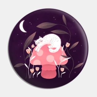 Cute white cat, mushroom and curious flowers, version 4 Pin