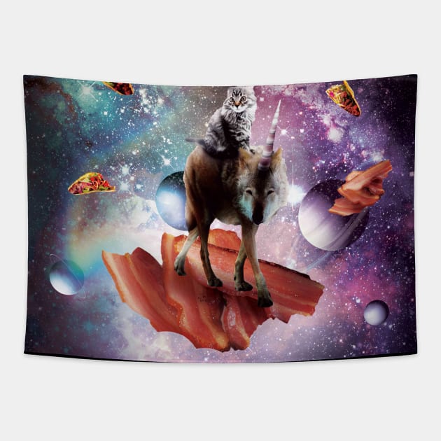 Space Cat Riding Wolf Unicorn - Bacon & Taco Tapestry by Random Galaxy