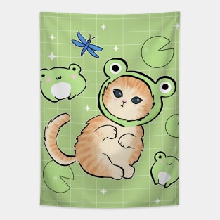 Kawaii Frog and Cat with Toad Hat - Retro 90s Cottagecore Aesthetic featuring Happy Froge Kitten Tapestry