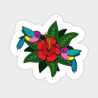 Cute Hummingbirds on Hibiscus Flower Cartoon - White Magnet