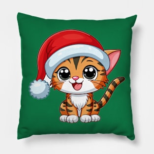 Bengal Cat Wearing Santa Hat Smiling Merry Christmas Pillow