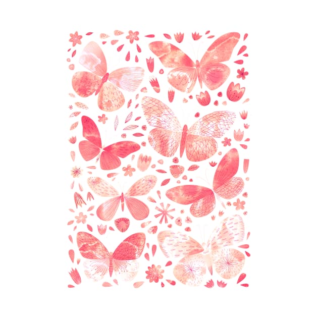 Coral Pink Watercolor Butterflies by NicSquirrell