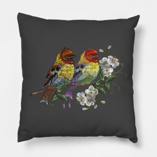 Two Bird Blossoming Cherry Embroidery Pillow