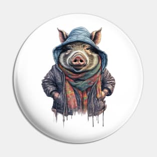 wild boar wearing a jackets hat and a scarf Pin