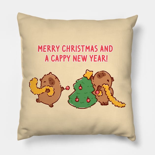 Cute capybaras decorating a christmas tree, getting ready for holidays Pillow by Tinyarts