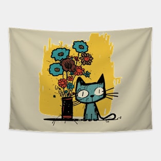 Graffiti Cat and Flowers Tapestry