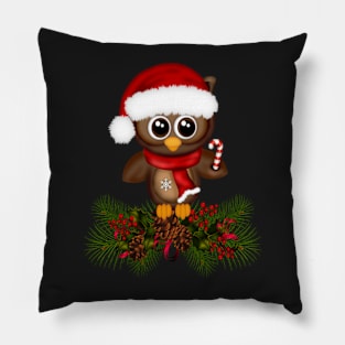 Cute Christmas Owl On Pine Branch Pillow