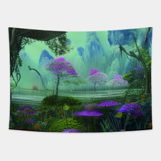 Beautiful Fantasy Landscape with Purple Plants and Lake Tapestry